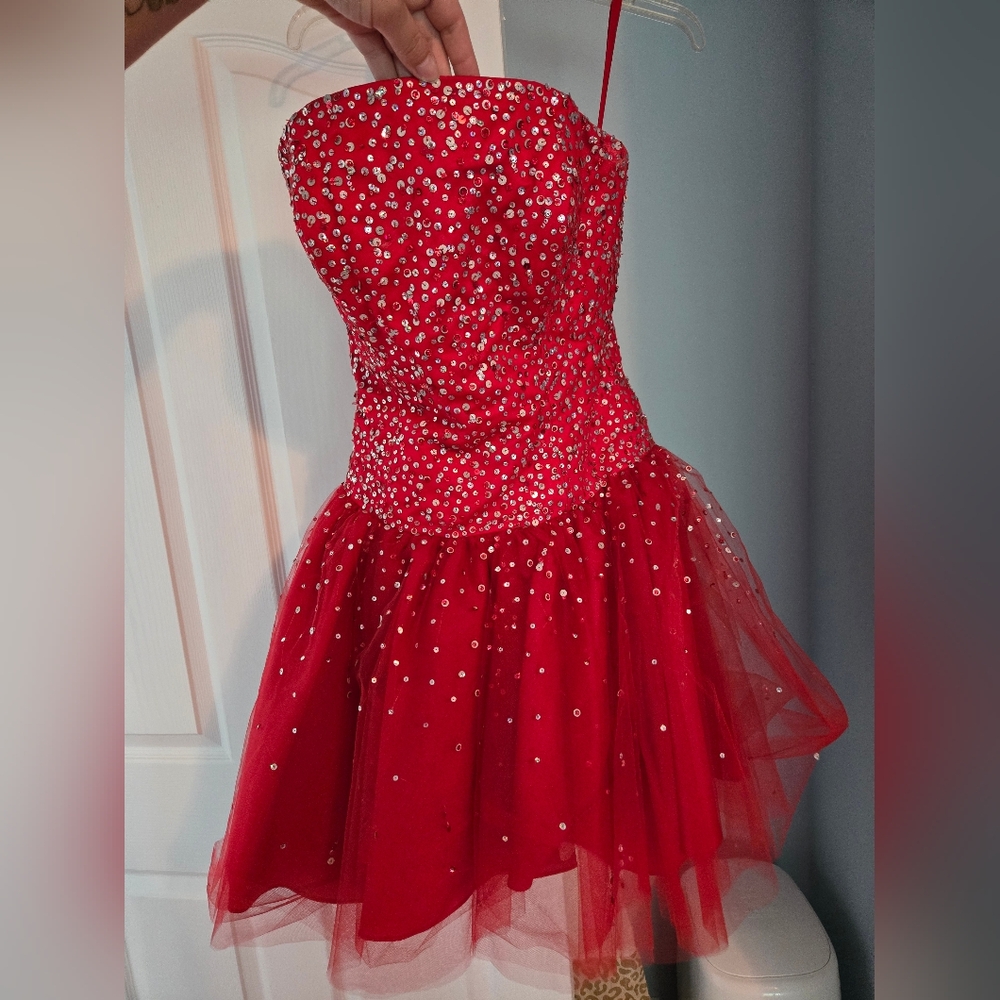 Mori Lee Red Sequin Strapless Prom Dress